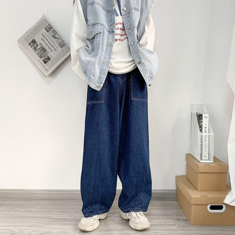 Men Wide Leg Jeans Baggy Retro Blue Japanese Simple Leisure Stylish Soft All-match Pocket Large Size S-3XL Solid New-fashion Hot