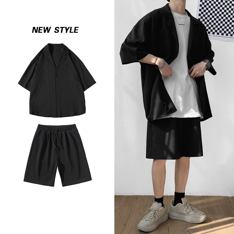 Korean Style Men's Set Suit Jacket and Shorts Solid Thin Short Sleeve Top Matching Bottoms Summer Fashion Oversized Clothing Man