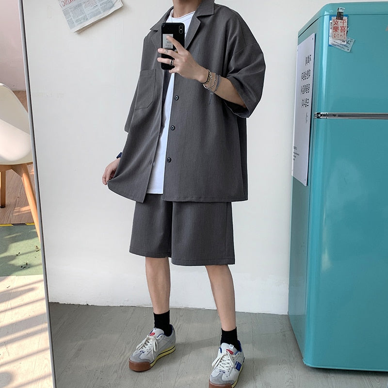 Korean Style Men's Set Suit Jacket and Shorts Solid Thin Short Sleeve Top Matching Bottoms Summer Fashion Oversized Clothing Man