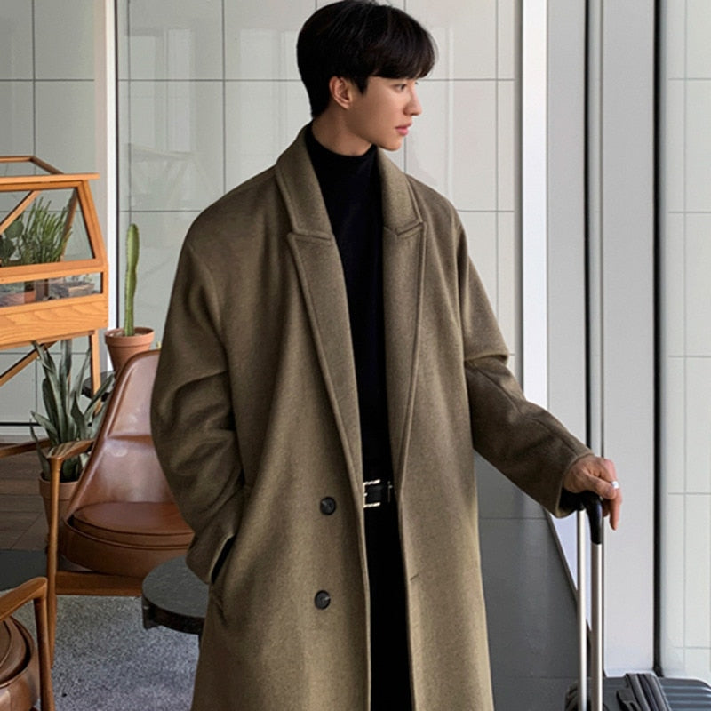 IEFB Korean Trend Men's Loose Casual Single-breasted Overcoat Autumn Winter Fashion New Long Sleeve Woolen Long Coat 9D1665