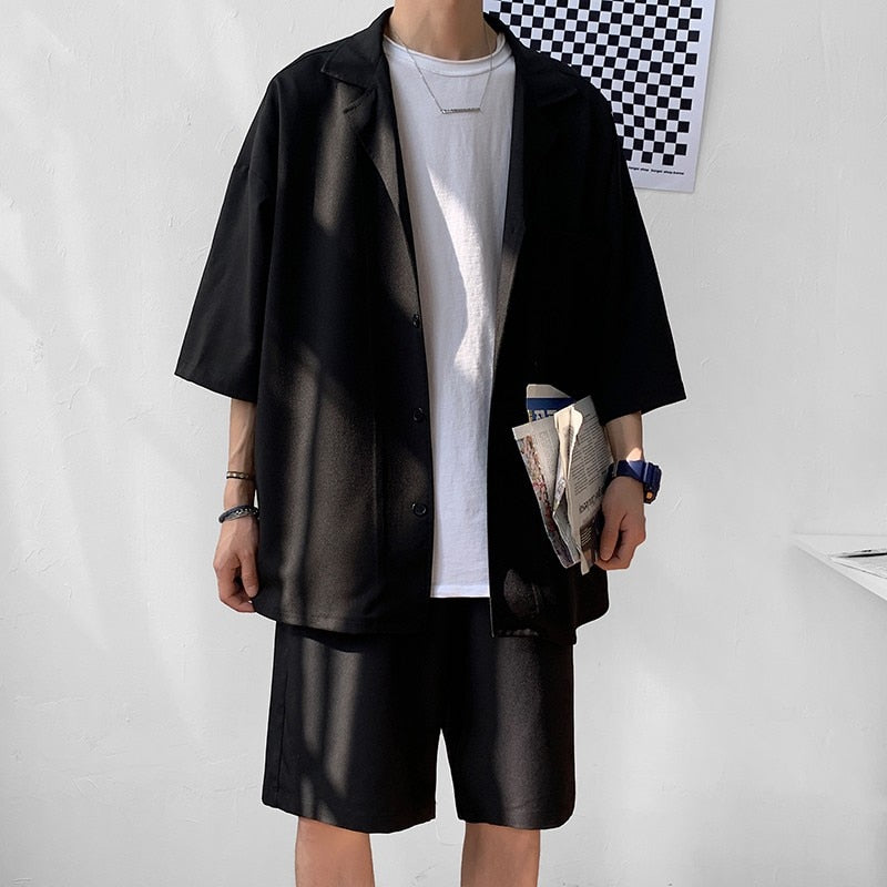 Korean Style Men's Set Suit Jacket and Shorts Solid Thin Short Sleeve Top Matching Bottoms Summer Fashion Oversized Clothing Man