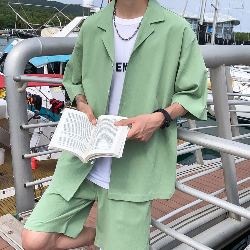 Korean Style Men's Set Suit Jacket and Shorts Solid Thin Short Sleeve Top Matching Bottoms Summer Fashion Oversized Clothing Man