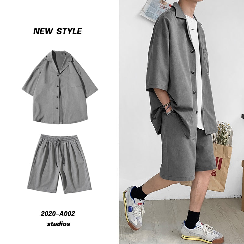 Korean Style Men's Set Suit Jacket and Shorts Solid Thin Short Sleeve Top Matching Bottoms Summer Fashion Oversized Clothing Man