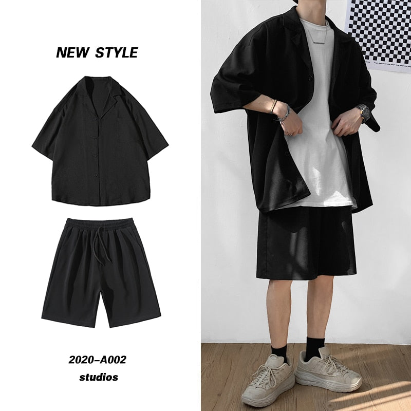 Korean Style Men's Set Suit Jacket and Shorts Solid Thin Short Sleeve Top Matching Bottoms Summer Fashion Oversized Clothing Man